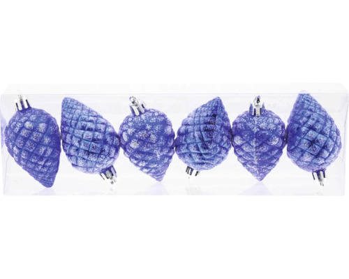 Set 6 conuri plastic 8 cm albastru Șase globuri albastre, sclipitoare, în formă de con de brad, pentru pomul de Crăciun, într-un ambalaj