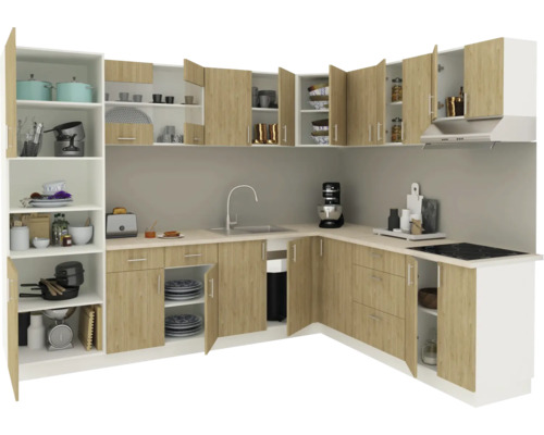 Bucătărie completă cu dulapuri de bucătărie, chiuvetă și electrocasnice