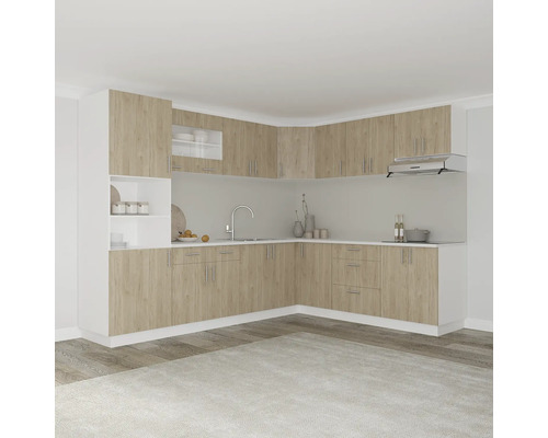 Bucătărie modernă de colț cu dulapuri suspendate, dulapuri inferioare și hotă de aragaz