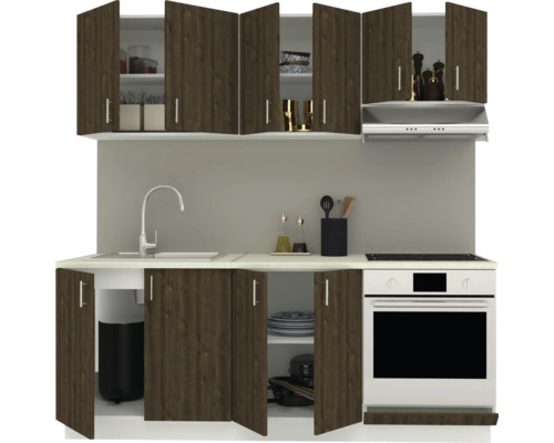 Bucătărie cu corpuri superioare și inferioare, chiuvetă, robinet și aragaz