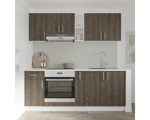 Bloc de bucătărie cu corpuri suspendate și inferioare, chiuvetă, aragaz și hotă