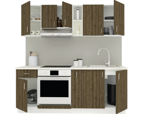 Set complet de bucătărie cu dulapuri superioare și inferioare, chiuvetă, aragaz și hotă