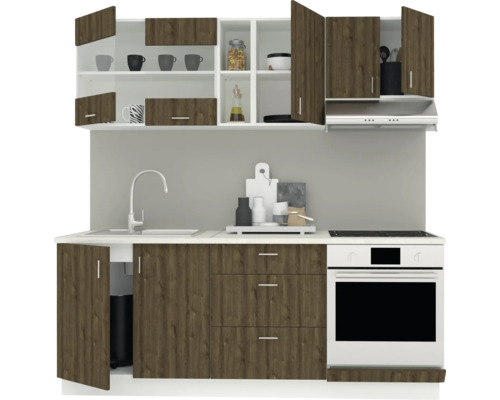 Bucătărie cu corpuri suspendate și inferioare, chiuvetă, baterie, hotă și cuptor