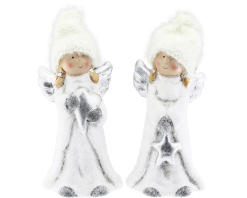 Decorațiune Înger ceramică 12,5 cm cm alb Două figurine de Crăciun cu îngeri cu căciulă și aripi