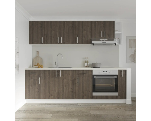 Bucătărie cu corpuri superioare și inferioare, chiuvetă, baterie, hotă și cuptor încorporabil