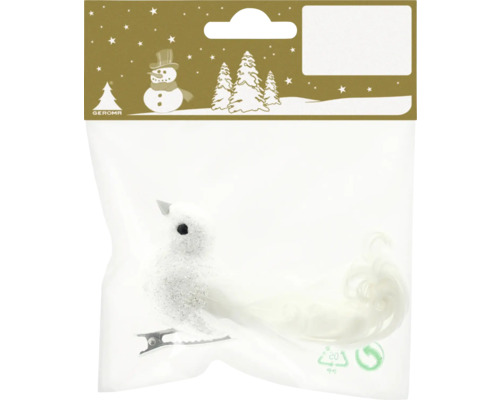 Decorațiune pasăre cu clips 11 cm alb Pasăre decorativă cu clemă pentru decorațiuni de Crăciun într-un ambalaj