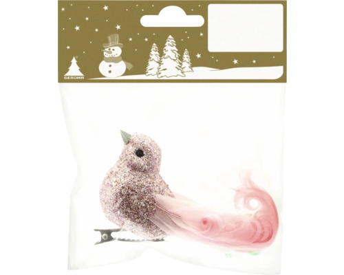 Decorațiune pasăre cu clips 11 cm roz Pasăre decorativă cu sclipici și pană pentru perioada Crăciunului