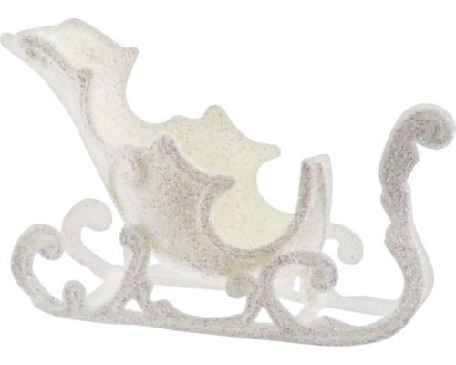 Decorațiune sanie cu agățătoare plastic 17 cm alb Figurină decorativă, sclipitoare, de sanie, pentru perioada Crăciunului