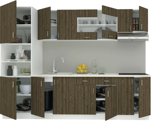 Unitate de bucătărie cu corpuri superioare și inferioare, chiuvetă și hotă