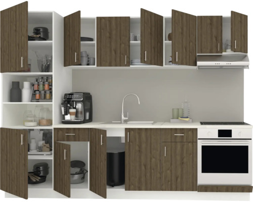 Bloc de bucătărie cu corpuri superioare și inferioare, chiuvetă, aragaz și alte aparate de bucătărie