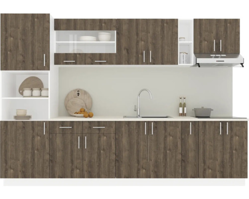 Mobilă de bucătărie Karo V26, L 300 cm, alb/stejar bronz | HORNBACH