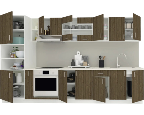 Bloc de bucătărie cu dulapuri superioare și inferioare și aparate electrice