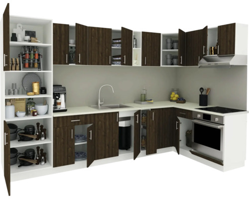 Bucătărie completă cu dulapuri superioare și inferioare, chiuvetă, aragaz și cuptor