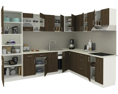 Bucătărie de colț completă cu dulapuri superioare și inferioare și rafturi