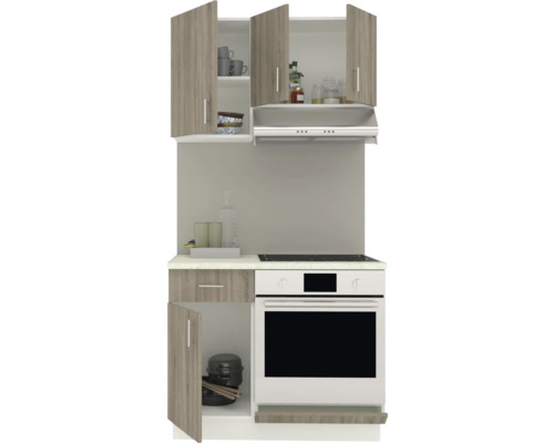 Bloc de bucătărie cu dulapuri suspendate, hotă și cuptor încorporabil.