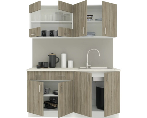 Corp de bucătărie cu dulapuri suspendate și inferioare cu aspect de lemn