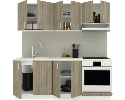 Bloc de bucătărie cu dulapuri superioare și inferioare, chiuvetă și aragaz