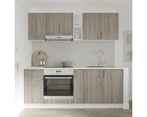 Mobilier de bucătărie cu corpuri suspendate și inferioare, chiuvetă și aparate electrice