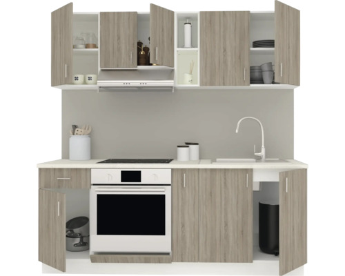 Mobilier de bucătărie cu dulapuri superioare și inferioare, chiuvetă, aragaz și hotă