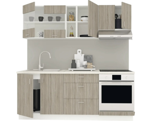Bloc de bucătărie cu dulapuri superioare și inferioare, chiuvetă, robinet și cuptor încorporat