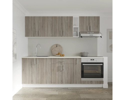 Bloc de bucătărie cu chiuvetă, plită și cuptor cu aspect de lemn deschis