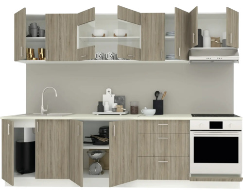 Mobilier de bucătărie cu dulapuri superioare și inferioare, chiuvetă, aragaz și cuptor