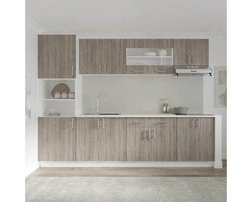 Bloc de bucătărie cu dulapuri superioare și inferioare, chiuvetă și hotă