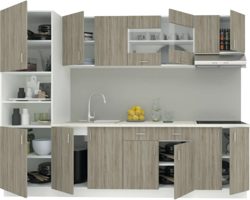 Dulap de bucătărie cu corpuri superioare și inferioare, chiuvetă și hotă