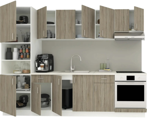 Bloc de bucătărie cu chiuvetă, aragaz, hotă și dulapuri