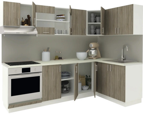Unitate de bucătărie cu dulapuri superioare și inferioare, chiuvetă, plită și cuptor.