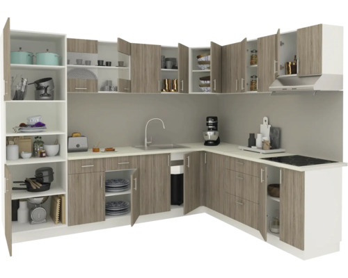 Bucătărie modernă cu dulapuri, chiuvetă și plită