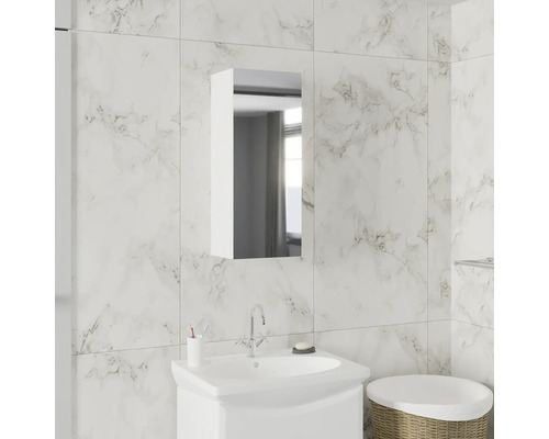 Baie cu dulap cu oglindă, lavoar și decorațiuni