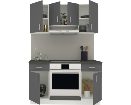 Mobilier de bucătărie cu dulapuri superioare și inferioare, hotă și cuptor