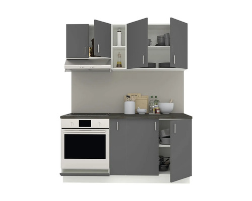 Mobilier de bucătărie cu dulapuri superioare și inferioare și aragaz electric