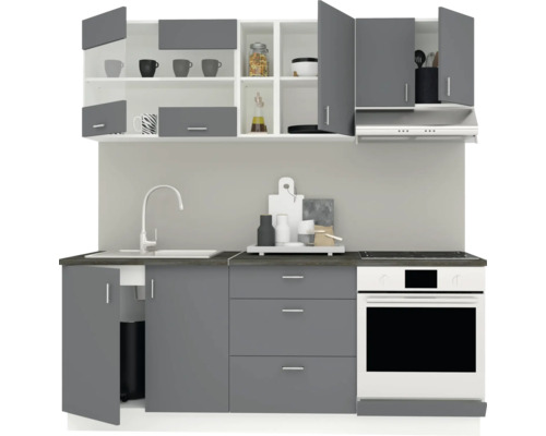 Bloc de bucătărie cu chiuvetă, plită și spațiu de depozitare.