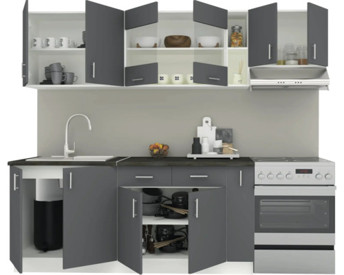 Unitate de bucătărie cu chiuvetă, plită, corpuri superioare și inferioare în gri și alb