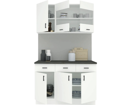 Dulap de bucătărie cu uși deschise și închise, veselă și ustensile de bucătărie