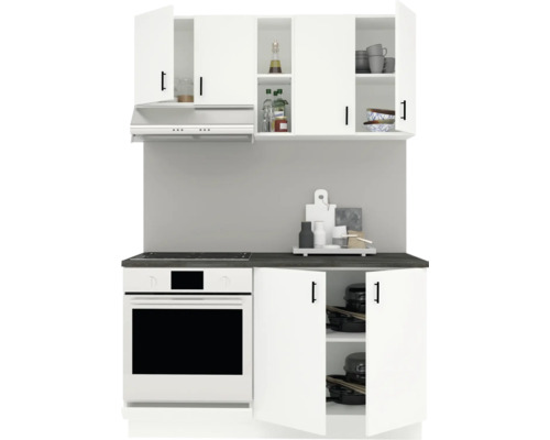 Bucătărie cu chiuvetă, plită, cuptor, hotă și dulapuri suspendate