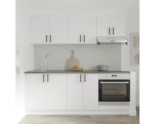 Bucătărie albă cu chiuvetă, aragaz și hotă