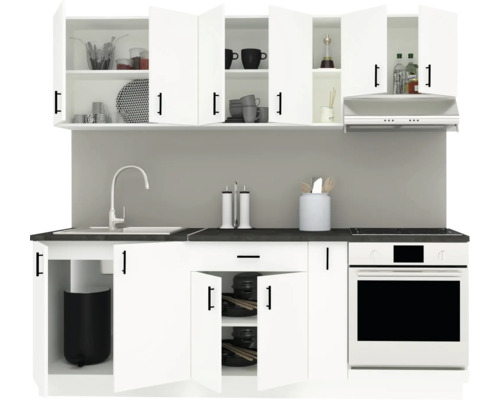 Unitate de bucătărie cu chiuvetă, aragaz, dulapuri și hotă de aspirație