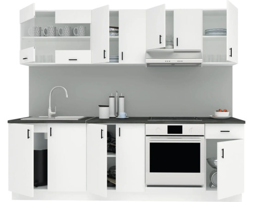 Linie de bucătărie cu chiuvetă, plită, cuptor și dulapuri albe