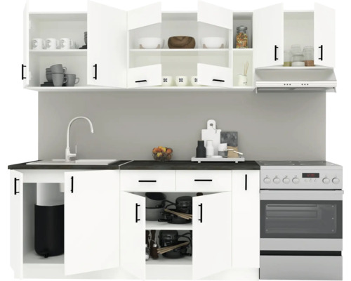 Linie de bucătărie cu dulapuri suspendate, chiuvetă, aragaz și hotă