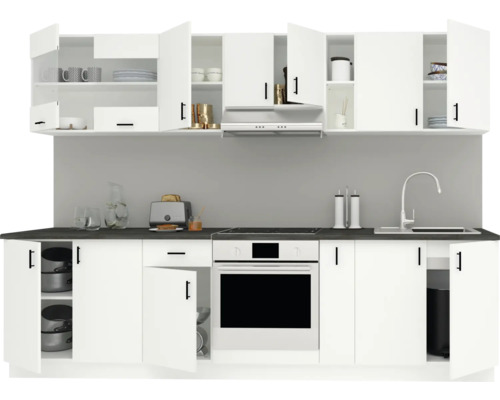 Bloc de bucătărie cu dulapuri albe și blat de lucru întunecat