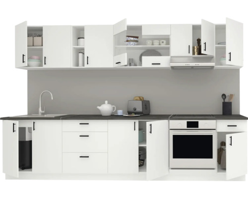 Bloc de bucătărie cu chiuvetă, plită, cuptor și spațiu de depozitare