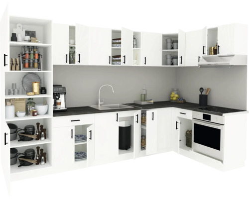 Bucătărie încorporată luminoasă cu dulapuri, chiuvetă, aragaz și rafturi pentru amenajarea bucătăriei