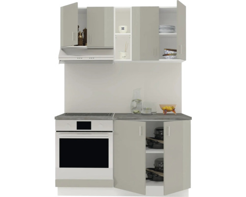 Mobilier de bucătărie cu dulapuri suspendate, hotă, aragaz și dulap de chiuvetă