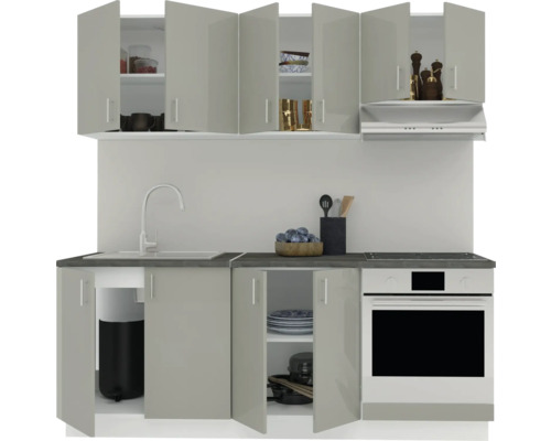 Set de bucătărie cu chiuvetă, aragaz, hotă și dulapuri