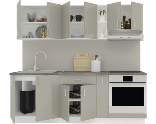 Mobilier de bucătărie cu chiuvetă, plită și dulapuri superioare
