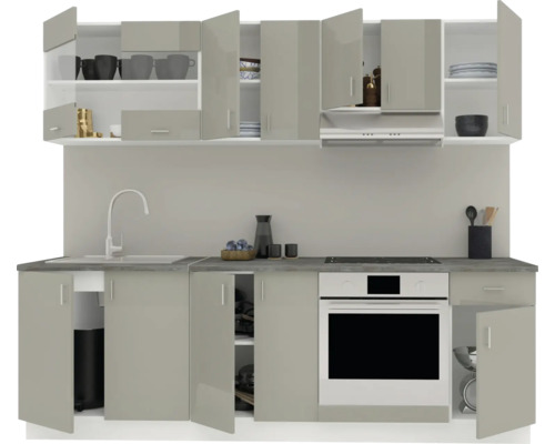 Bucătărie cu chiuvetă, plită, cuptor, hotă și dulapuri suspendate