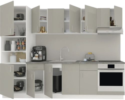 Set complet de bucătărie cu corpuri superioare și inferioare, chiuvetă, plită și cuptor pentru un aranjament funcțional al bucătăriei.
